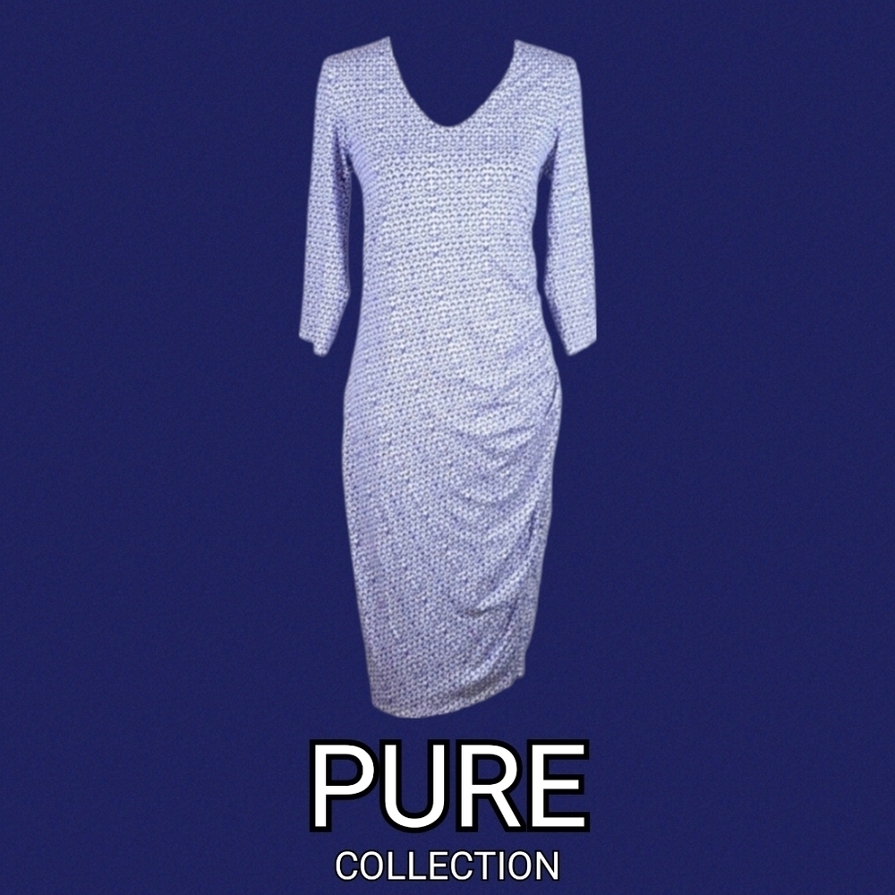 Elegant All Occasion Dress Soft Ruched Midi Dress Blue White Print Size 6